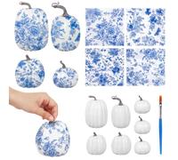 JarThenaAMCS Fall Pumpkins Paper Napkin DIY Arts Crafts Kit 7 Pcs White Foam Pumpkin with 80 Blue Floral Flower Decoupage Paper Napkins Brush Set for Autumn Thanksgiving Home Decor, Glue Not Included
