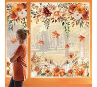 JarThenaAMCS Fall Window Cling Roll Orange Floral Pumpkin Window Decal Reusable Autumn Flower Maple Leaves PVC Stickers for Glass Mirror Shopwindow Display, 2 Rolls