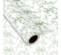 JarThenaAMCS Green Bow Floral Wrapping Paper - Mini Roll - 17 Inch x 32.8 Ft Chinoiserie Bow Flower Gift Wrap Paper for Coquette Birthday Wedding Party DIY Crafts