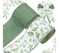JarThenaAMCS Greenery Wired Edge Ribbon 20 Yards Green Eucalyptus Leaves Fabric Craft Ribbon for Spring Baby Shower Wedding Gift Wrapping Wreath Bow DIY Crafts, 2 Roll