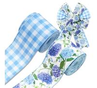 JarThenaAMCS Hydrangea Flower Wired Edge Ribbon 2.5 Inch Blue Purple Floral Fabric Craft Ribbons Plaid Gift Wrap Ribbon for Bow Wreath Spring Summer Party Home Decor, 2 Rolls, 20 Yards