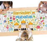 JarThenaAMCS Large Ramadan Coloring Poster Giant Coloring Eid Mubarak Mosque Moon DIY Drawing Tablecloth for Muslim Al Fitr Party Craft Supplies, 31.4 x 72 Inch