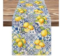 JarThenaAMCS Lemon Tiles Table Runner Blue Tiles Yellow Lemon Kitchen Dinning Table Cover Summer Fruit Decoration for Indoor Outdoor Home Party Supplies, 13 x 90 Inch
