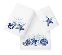 JarThenaAMCS Ocean Bathroom Towels Set of 3 Embroidered Cotton Bath Towel Seashell Starfish Coral Summer Hand Towel Wash Cloth for Hand Drying Shower Supplies