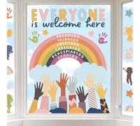 JarThenaAMCS One World Together Window Clings Colorful Hand Rainbow Window Stickers Double Sided Glass Decals for First Day of School Party Home Classroom Wall Blackboard Decor, 6 Sheet