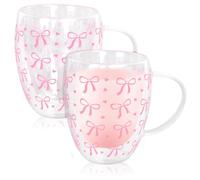 JarThenaAMCS Pink Bow Double Wall Glass Coffee Mugs 12Oz Cute Bowknot Heart Insulated Glasses Clear Espresso Cups with Handle for Home Holiday Supplies, Set of 2