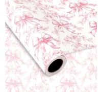 JarThenaAMCS Pink Bow Floral Wrapping Paper - Mini Roll - 17 Inch x 32.8 Ft Vintage Bow Flower Gift Wrap Paper Chinoiserie Art Paper for Coquette Birthday Party DIY Crafts