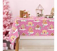JarThenaAMCS Pink Christmas Tablecloth Cartoon Gingerbread House Table Cloth Rectangle Table Cover for Xmas Holiday Party Table Decor, 60 x 104 Inch