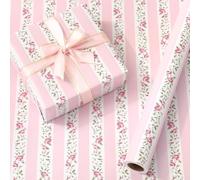 JarThenaAMCS Pink Floral Wrapping Paper - Mini Roll - 17 In x 32.8 Ft Striped Flower Gift Wrap Paper for Spring Birthday Wedding Mother's Day Anniversary