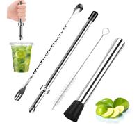JarThenaAMCS Professional Lemonade Stand Tool Kit Stainless Steel Muddler Puncher Mixing Spoon Brush for Beverage Home Bar Lemonade Stand Supplies