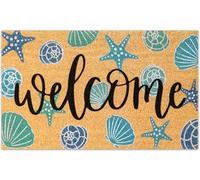 JarThenaAMCS Seashell Natural Coir Door Mat Aqua Blue Beach Theme Welcome Floor Mat Non-Slip Entrance Door Rugs for Indoor Outdoor Home Bathroom Decor, 16.5 x 29 Inch