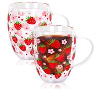 JarThenaAMCS Strawberry Double Wall Glass Coffee Mugs 12Oz Sweet Berry Flower Insulated Glasses Clear Espresso Cups with Handle for Home Holiday Supplies, Set of 2