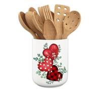 JarThenaAMCS Valentine's Day Ceramic Utensil Holder Green Leaves Red Heart Utensil Crock for Wedding Home Kitchen Countertop Storage Organizer Container