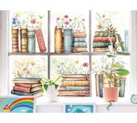 JarThenaAMCS Wildflower Reading Window Clings Watercolor Floral Book Window Stickers Double Sided Glass Decals for Back to School Classroom Library Home Party Wall, 6 Sheets