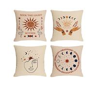 Jartinle Hippie Pillow Covers Tarot Sun Moon Boho Throw Pillow Covers Witchy Evil Eye Celestial Cushion Cases for Couch Sofa Room Decor 18x18 Set of 4