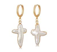 JaruJaru 14K Gold Plated Cross Earrings - Baroque Freshwater Pearl Dangle Earrings for Women, Gold Border Pearl Cross,Hypoallergenic Elegant Jewelry Gift for Birthday, Christmas, Mother’s Day