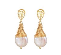 JaruJaru Handmade Vintage Bell Earrings, Freshwater Button Baroque Pearls, 18K Gold Plated Components, S925 Sterling Silver Posts, Boho Chic Dangle Earrings for Women