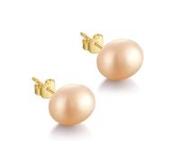 JaruJaru Irregular Freshwater Pearl Stud Earrings - 9-10mm Satin Sheen, Sterling Silver Hypoallergenic Earrings for Daily Wear,Coral Comfort First Ear Jewelry (Champagne)