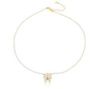 JaruJaru Mini Keshi Pearl Necklace - 3mm Tiny White Freshwater Pearls, Butterfly Pendent with Blue CZ Crystal, 18K Gold Plated Adjustable Chain (40-45cm), Dainty Layering Necklace for Women