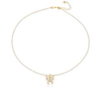 JaruJaru Mini Keshi Pearl Necklace - 3mm Tiny White Freshwater Pearls, Butterfly Pendent with Green/Teal CZ Crystal, 18K Gold Plated Adjustable Chain (40-45cm), Dainty Layering Necklace for Women