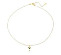JaruJaru Mini Keshi Pearl Necklace - 3mm Tiny White Freshwater Pearls, Tiny Heart Pendent with Green Crystal, 18K Gold Plated Adjustable Chain (40-45cm), Dainty Layering Necklace for Women