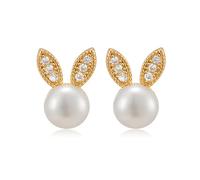 JaruJaru Rabbit Ear Pearl Earrings - 8mm Freshwater Pearl with Starry Zirconia Accents, 18K Gold Plated Sterling Silver Studs, Hypoallergenic Whimsical Jewelry