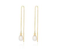 JaruJaru Vermeil Chain Freshwater Pearl Earrings for Women, Genuine Ovel Baroque Pearl Drop, Gold Threader Earrings, Gold plated S925 Sterling Silver Hypoallergenic Thread Through Dangle Earrings