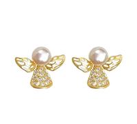 JaruJaru Winged Pearl Earrings - 8mm Freshwater Cultured Pearl with 18K Gold Plated Wings, Disney Inspired Sterling Silver Studs, Hypoallergenic Minimalist Jewelry for Women