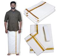 JARWISE Men's Cream Cotton Veshti/Mundu Set (Includes 3.8m Dhoti, 1.8m Angavastram and 1.4m Dhoti Belt) - Indian Ethnic Wear