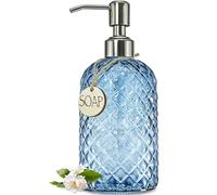 JASAI 18Oz Gem Patterned Glass Soap Dispenser for Kitchen and Bathroom, Refillable with Rust Proof Stainless Steel Pump (Blue)