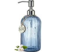JASAI 18Oz Navy Blue Glass Soap Dispenser for Kitchen & Bathroom, Refillable Kitchen soap Dispenser with Vertical Stripe, Bathroom Soap Dispenser for Dispense Hand soap& Dish Soap.