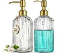 JASAI 2PACK 18Oz Fluted Glass Soap Dispenser with Golden Rust Proof Pump, Refillable Kitchen Soap Dispenser with Vertical Stripe, Bathroom Soap Dispenser for Dispense Hand soap, Dish Soap, Lotion.