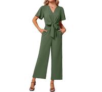JASAMBAC Dressy Jumpsuits Women Casual Petite One Piece Elegant V Neck Beach Outfits Long Wide Leg Linen Romper with Pockets Wedding Guest Outfits