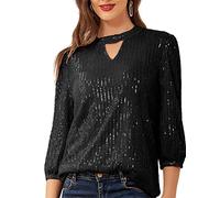 JASAMBAC Elegant Keyhole Neck Tops for Women Sparkle Sequin Tops Cocktail Party Casual Blouse Black L