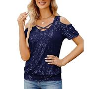 JASAMBAC Ladies Tops: Womens Sequin Cross Neck Cold Shoulder Evening Going Out Festival Glitter Tunic Sparkle Short Sleeve Dressy Blouse for Club Party - Navy