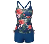 JASAMBAC Swimming Costume with Shorts Women Tankini Sets Tummy Control Swimwear Modest Swimsuits Two Piece Drawstring Bathing Suits