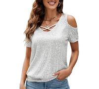 JASAMBAC Womens Evening & Festival Tops - Sequin, Cross & V-Neck, Cold Shoulder, Glitter, Sparkle Short Sleeve Dressy Blouses for Club Party - Silver