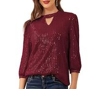 JASAMBAC Women's Sparkle Sequin Tops Shimmer Glitter Slim Keyhole Neck Party Tunic Tops Wine Red S