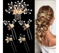 Jascatin Bride Wedding Leaf Hair Pins Flower Bridal Hair Pieces Wedding Hair Accessories Pearl Bridal Clips for Women and Girls Pack of 5 (Gold)