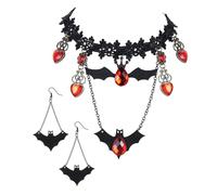 Jascatin Gothic Halloween Black Lace Choker Necklace Earrings Set Bat Red Crystal Pendant Collar Necklace Chain Jewelry for Women