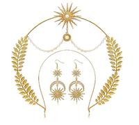 Jascatin Rhinestone Halo Crown Headband Layered Gold Star Crown Headbands Goddess Halo Pearl Crown Costume Boho Bridal Wedding Party Headpiece for Women and Girls (B)