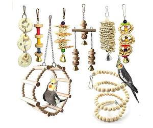JasCherry 8 Pcs Small Bird Parrot Swing Chewing Grinding Toys Set - Bird Bell Toys for Cage Hanging - Ideal Wood Toys for Small Parakeets, Cockatiel, Budgie, Finches and Love Birds #1