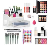 JasCherry All In One Makeup Kit, Travel Makeup Kit, Complete Makeup Set with Organizer Eyeshadow Palette Foudation Concealer Lipstick Makeup Sponges Eyebrow Pencil for Girls Teenagers Beginners