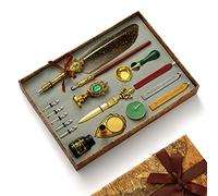 JasCherry Feather Calligraphy Pen Set- Vintage Dip Pen and Ink with Wax Seal Stamp, Writing Quill Pen with Ink & 5 Replacement Nibs Gift Box for Handwriting Lovers Christmas Valentine’s Day