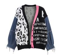 JASCLS Winter Long Sleeve Cable Knit Colour Block Boho Striped Pullover Cardigans Chunky Pullover Cardigans for Women, Leopard-black, XL