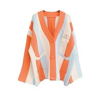 JASCLS Winter Long Sleeve Cable Knitted Color Block Boho Striped Sweater Cardigans Chunky Sweater Cardigans for Women, Rainbow Orange, L