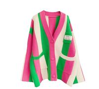 JASCLS Winter Long Sleeve Cable Knitted Color Block Boho Striped Sweater Cardigans Chunky Sweater Cardigans for Women, Rainbow Pink, XL