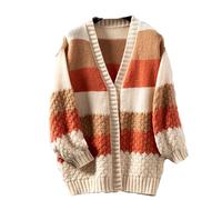 JASCLS Winter Long Sleeve Cable Pattern Color Block Boho Striped Sweater Cardigans Chunky Pullover Cardigans for Women, Sunset Chevron Orange/Evening Red, M