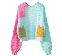 JASCLS Winter Long Sleeve Cable Pattern Color Block Boho Striped Sweater Cardigans Chunky Pullover Cardigans for Women, Pink/Green, XL