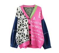 JASCLS Women's Long Sleeves Leopard Print Knitting Cardigan Open Front Thick Sweater Outwear Coats with Pocket, 66-Pink, One Size